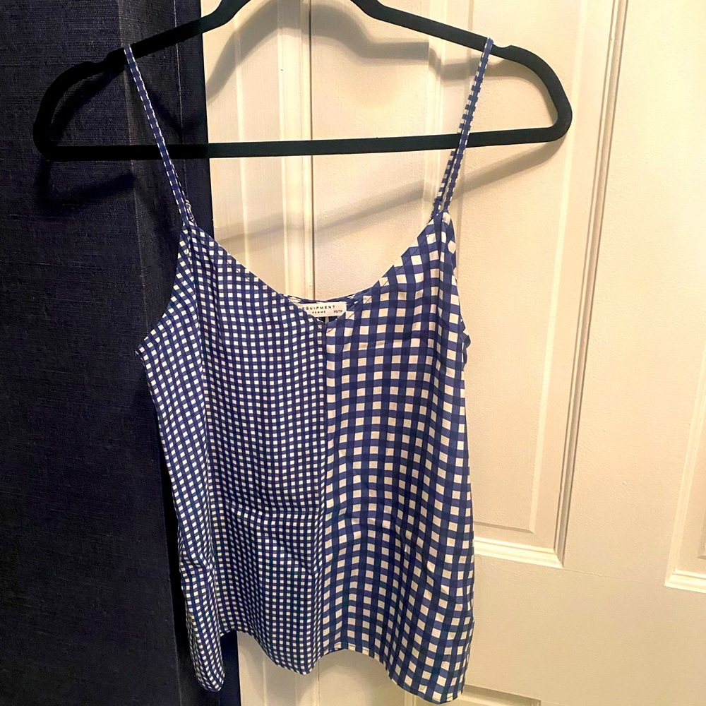 Lightly worn silk Equipment tank top with a blue plaid gingham print